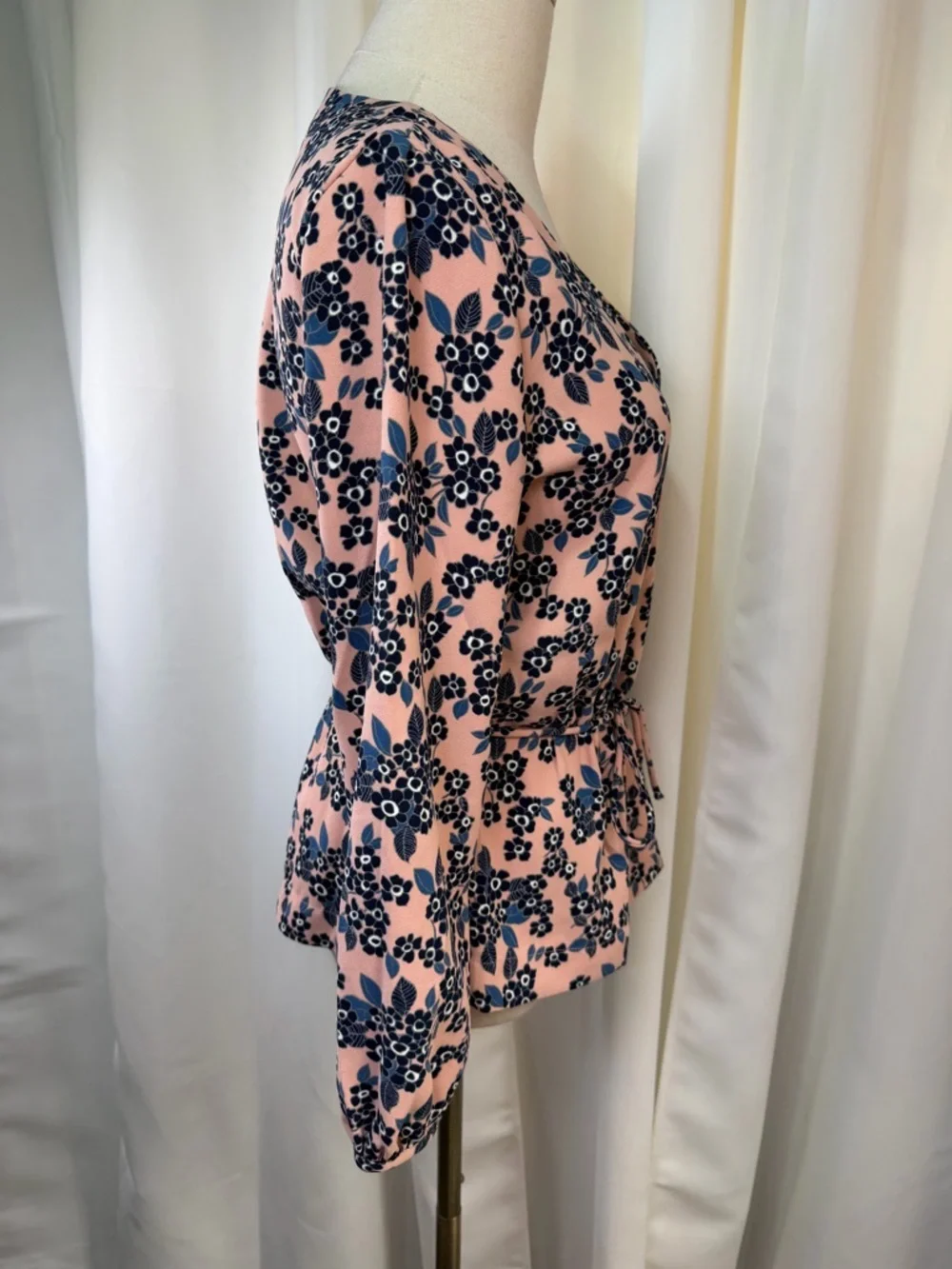J. Crew Pink & Blue Floral Print Faux Wrap Crepe Blouson Sleeve Blouse Size 4